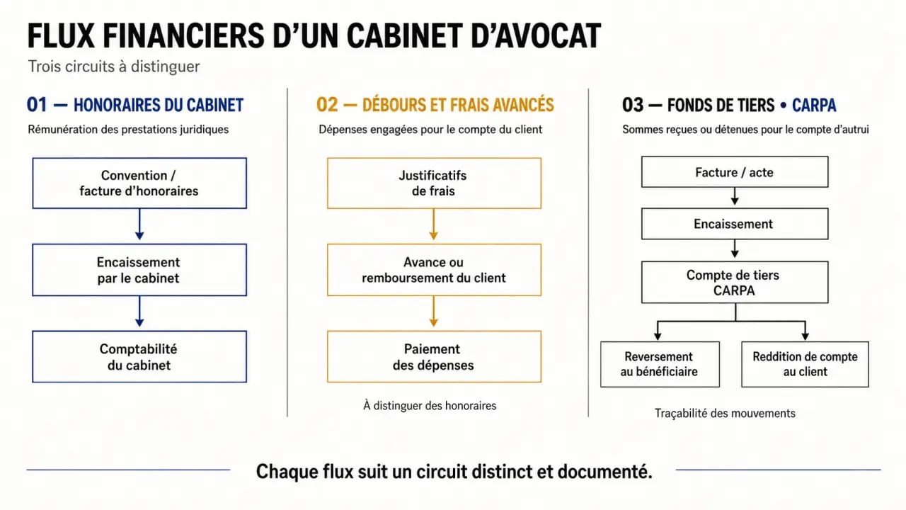 Infographie de comptabilité avocat distinguant honoraires, débours et fonds de tiers CARPA
