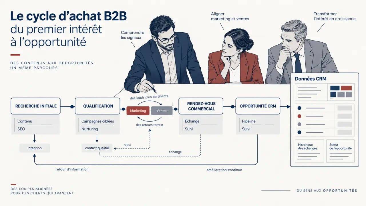 Cycle d’achat accompagné par une agence marketing numérique B2B entre contenu, qualification, ventes et CRM