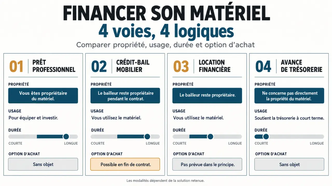 Infographie sur le financement matériel professionnel : prêt, crédit-bail, location financière et avance de trésorerie