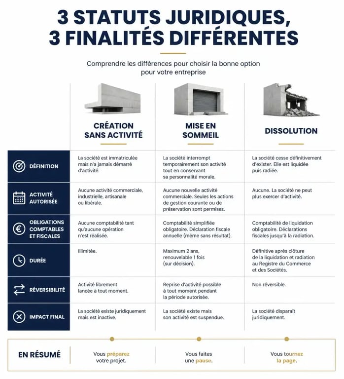Comparatif des statuts juridiques : création sans activité, mise en sommeil et dissolution pour l'entreprise est-elle créée sans exercer d'activité