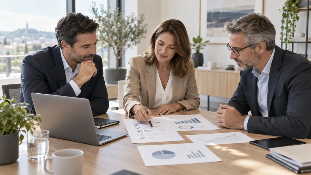 Équipe de direction en réunion stratégique dans un bureau moderne