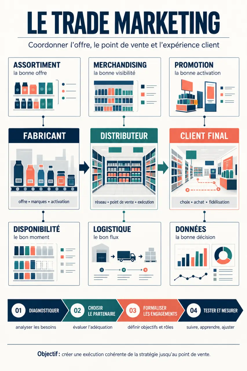 Trade mktg : infographie du processus entre fabricant, distributeur et client final
