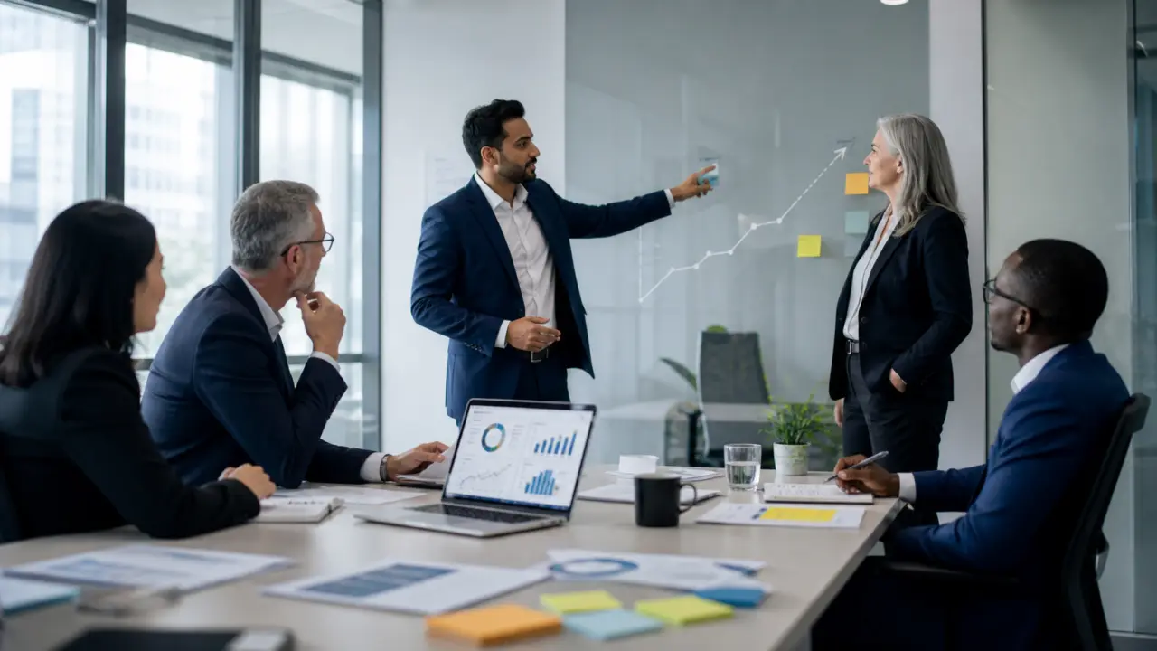 Réunion stratégique dans un bureau moderne avec vue sur la ville