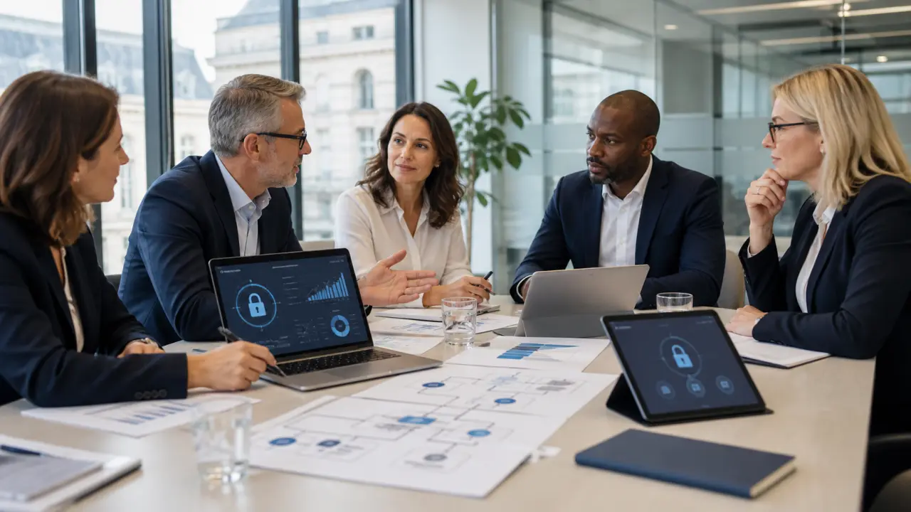 Équipe de direction en réunion stratégique dans un bureau moderne