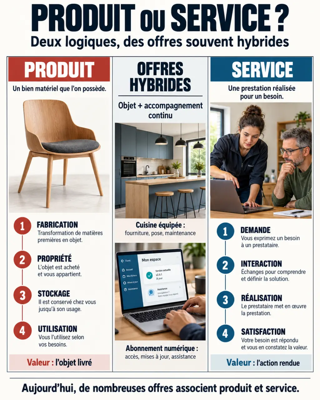 Différence entre produit ou service : comparaison visuelle d’un bien matériel, d’une prestation et d’une offre hybride