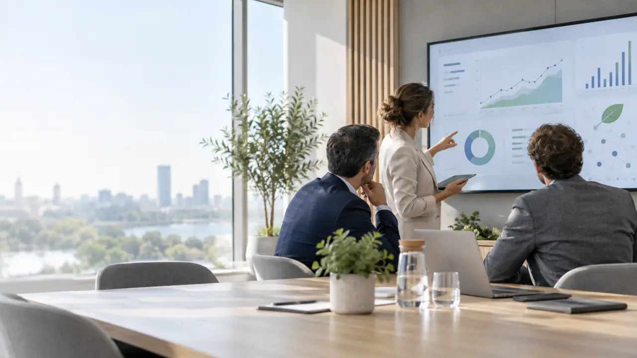 Équipe de direction analysant des indicateurs lors d'une réunion stratégique