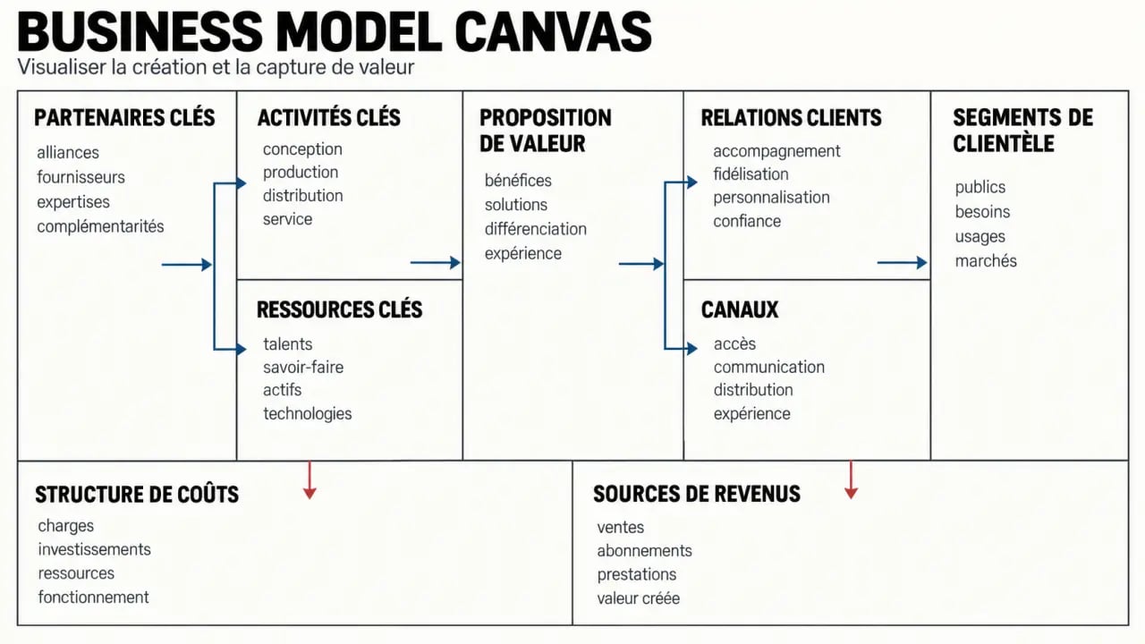 Business model canvas exemple avec les neuf blocs du modèle économique