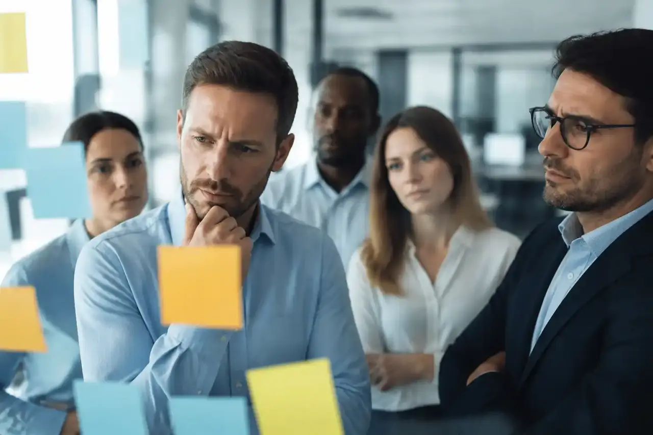 Équipe dirigeante en réunion de brainstorming stratégique autour d'une table en verre
