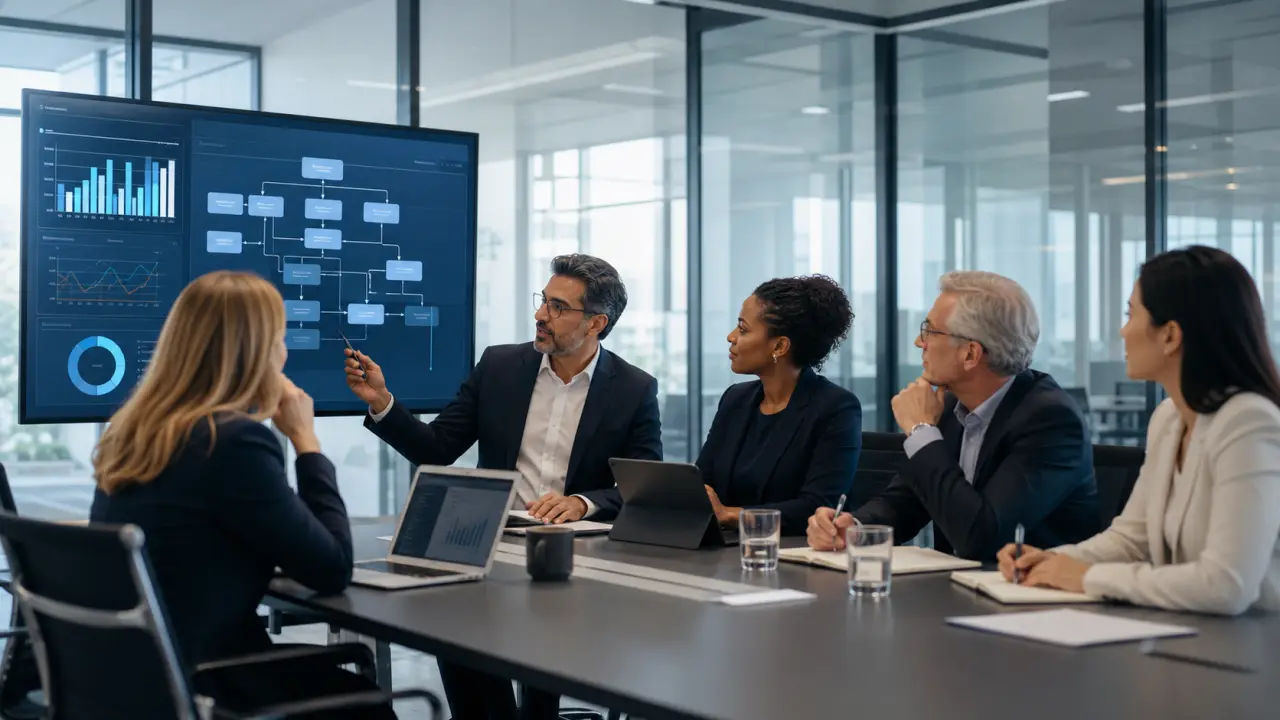 Réunion stratégique d'une équipe de direction dans un bureau moderne