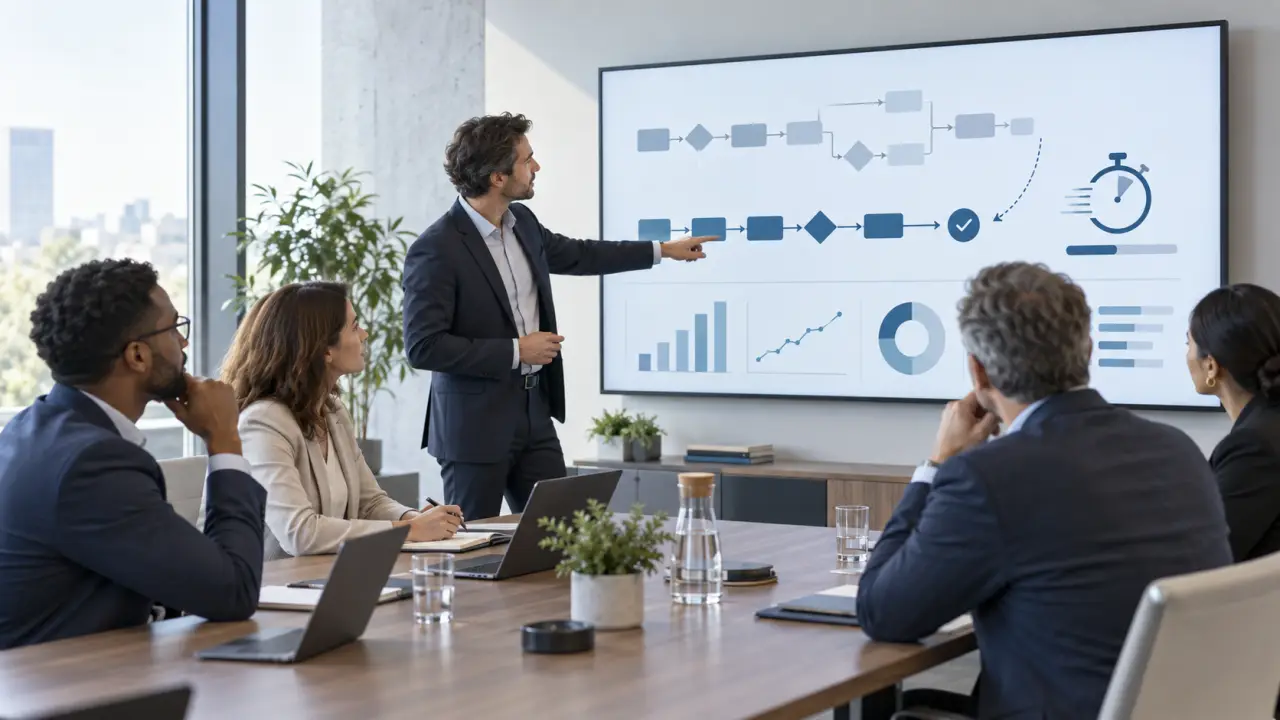 Équipe de direction analysant les processus d'une entreprise en réunion stratégique