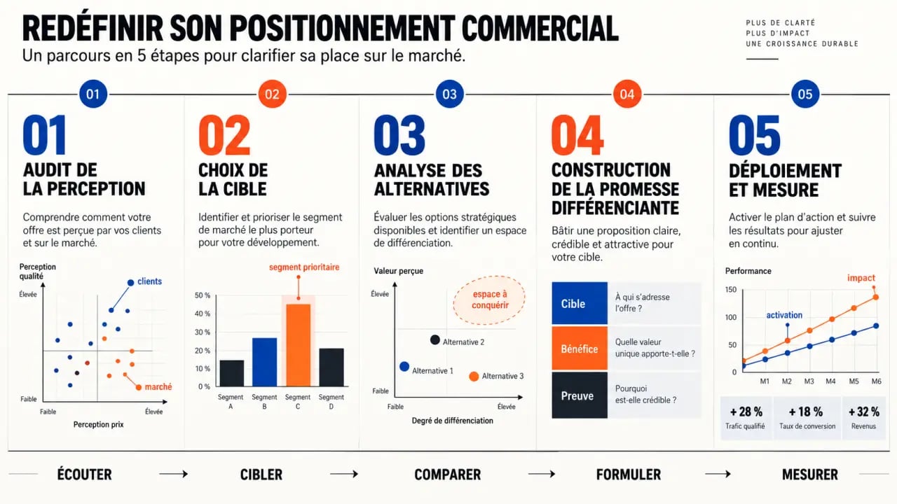 Étapes pour redéfinir son positionnement commercial sur le marché, de l’audit au suivi des résultats