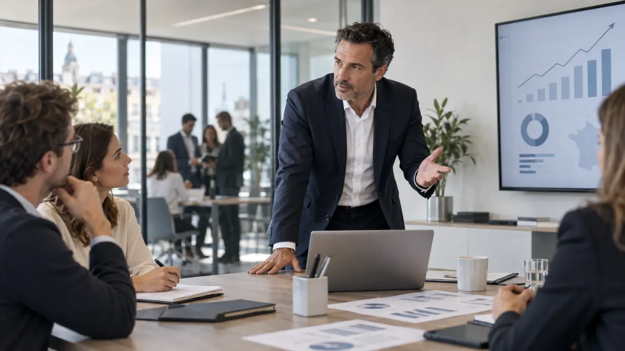 Équipe dirigeante d'une PME réunie autour d'une table pour définir une stratégie commerciale