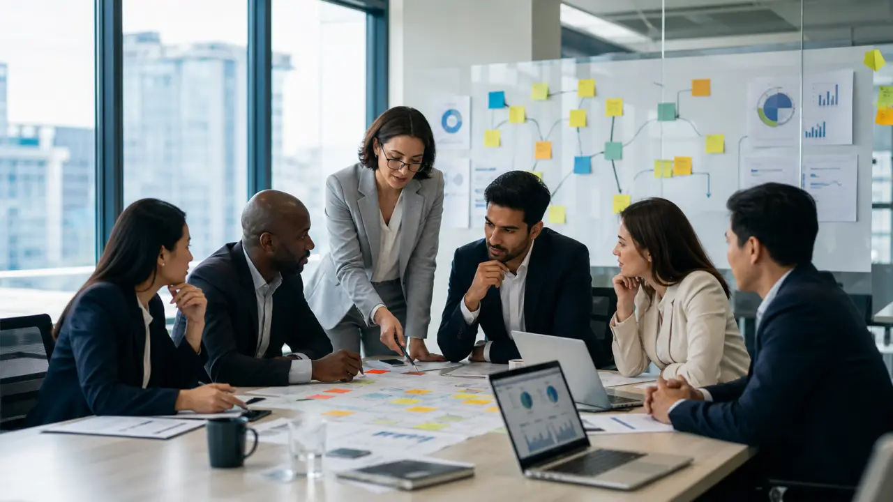 Réunion stratégique de dirigeants dans un bureau moderne avec vue sur la ville