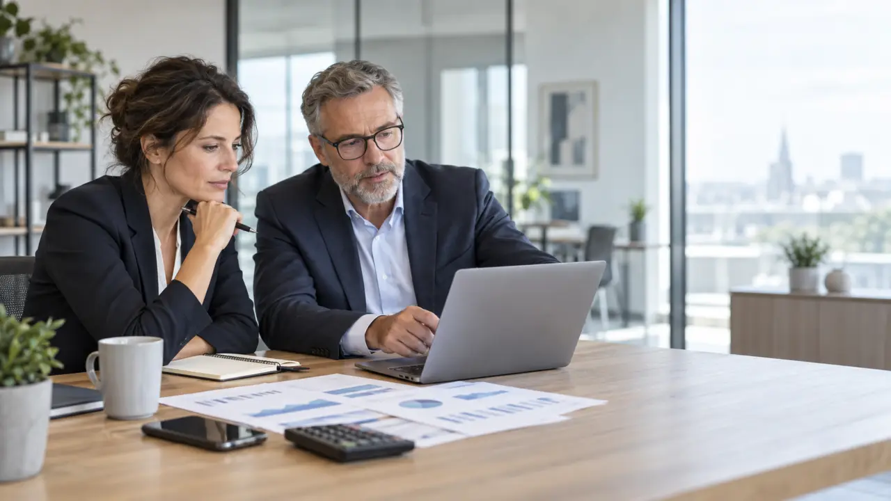 Dirigeants de PME analysant un tableau de trésorerie en réunion stratégique