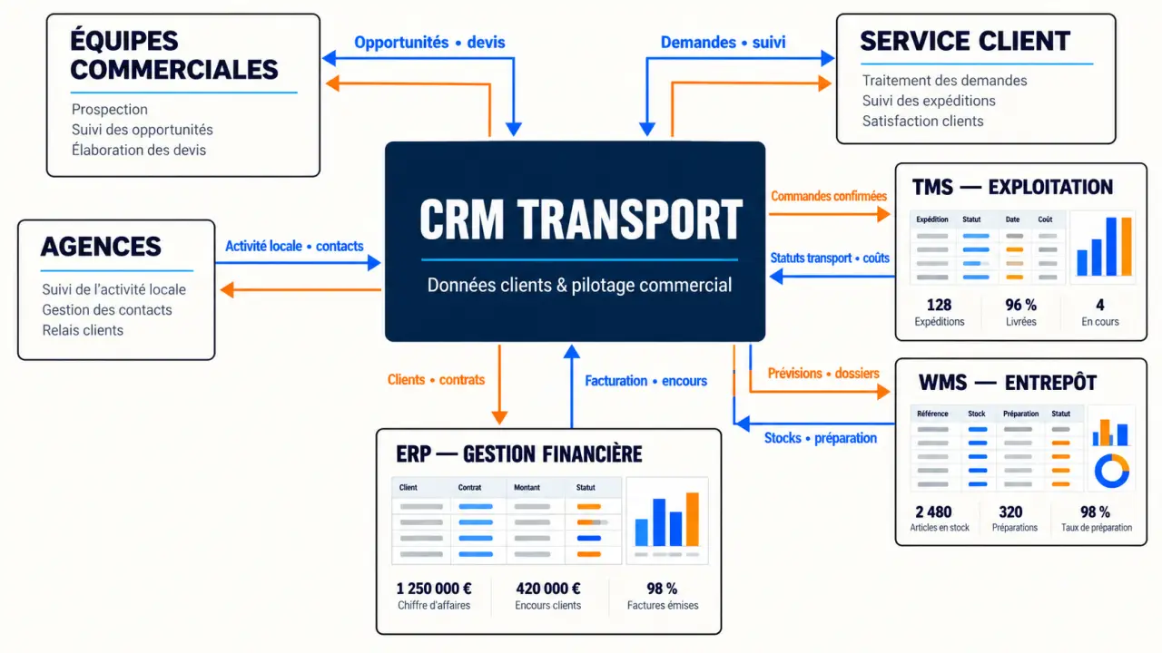 Schéma d’un CRM transport connecté au TMS, au WMS et à l’ERP