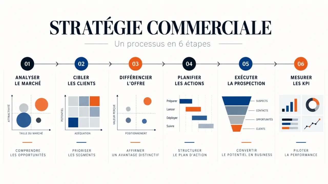 Stratégie commerciale exemple : processus en six étapes pour analyser, cibler, différencier, planifier, exécuter et mesurer